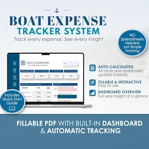 May include: A digital Boat Expense Tracker System displayed on a laptop screen. The interface features an annual expense overview, category breakdowns, and key insights. Text includes "Boat Expense Tracker System," "Auto Calculated," and "Fillable PDF."