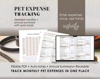 Pet Expense Tracker: Fillable PDF Budget Planner with Auto Calculations Printable