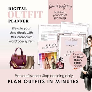 Könnte beinhalten: Digitaler Outfit-Planer mit Text, einer weinroten Handtasche, passenden Absätzen und taupefarbenen Stiefeletten. Enthält einen Farbtheorie-Leitfaden und eine Frauenillustration. Text: Outfits in Minuten planen.
