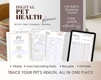 Planificateur de santé pour animaux de compagnie à remplir au format PDF : dossiers du vétérinaire, suivi des dépenses (téléchargement numérique)