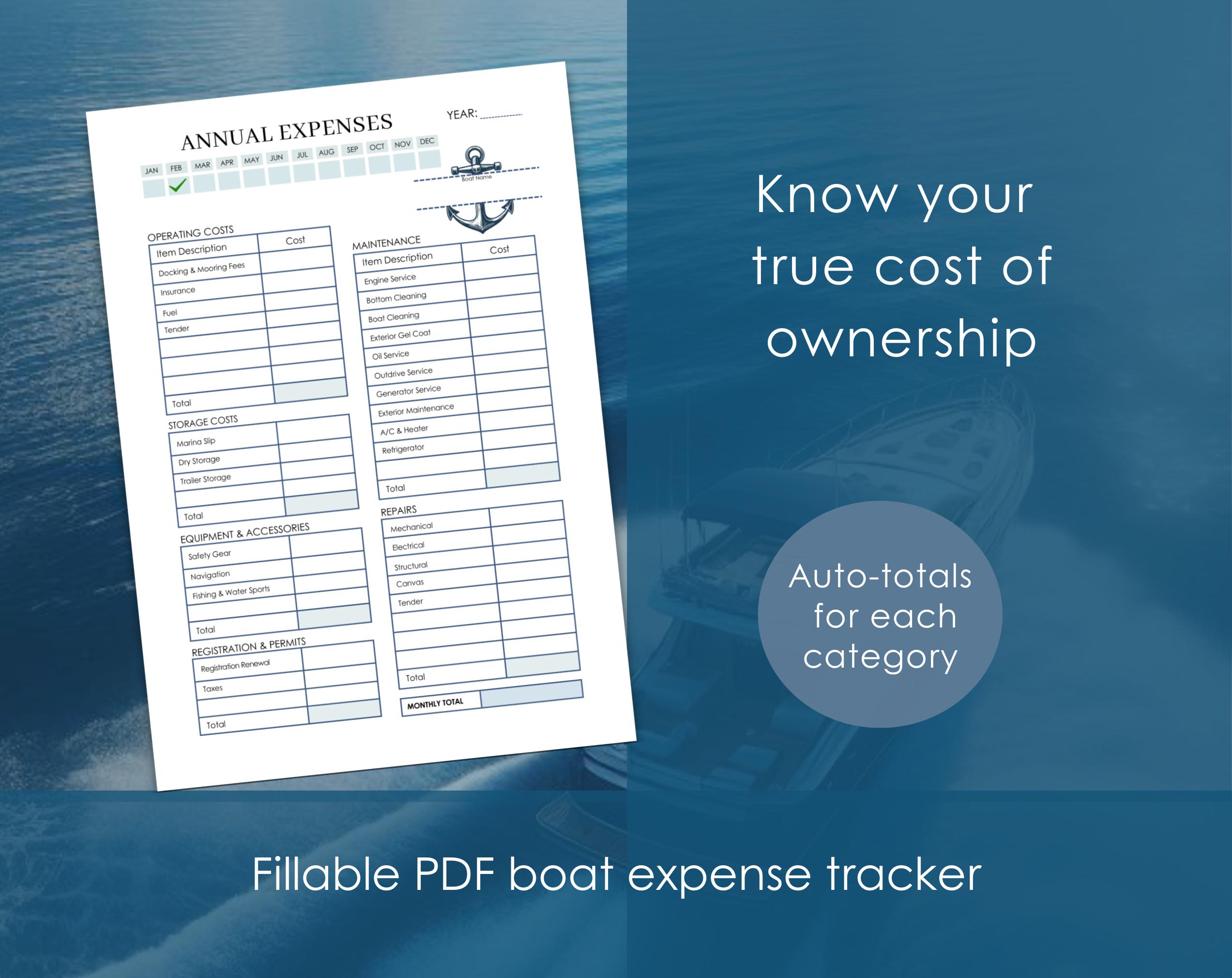 Boat Expense Tracker PDF: Fillable, Printable, Auto-calculating - Etsy