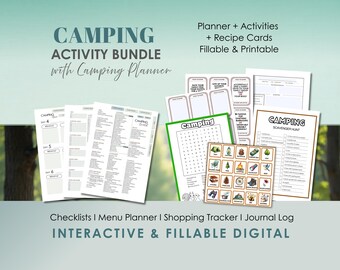 Camping Printable Games Bundle Bingo Word Search Scavenger Fillable Planner Recipes and Cost Tracker