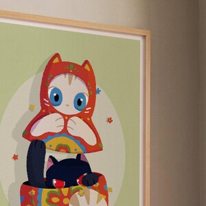 Peut inclure: Un chat noir aux yeux rouges sort d'une poupée russe rouge, jaune et bleue. La poupée est décorée de motifs floraux. L'arrière-plan est vert clair.