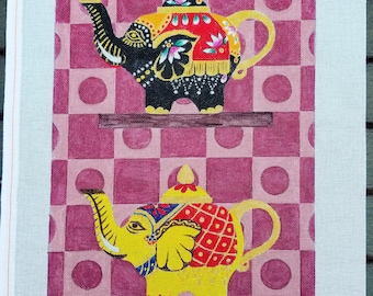Elephant teapots, VS Designs, 18 mesh, design size 11.25x18in