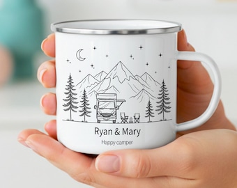 Personalized Enamel Campervan Mug, Happy Camper Couple Gift, Custom Names Camping Mug, Motorhome Travel Cup, Couple Road Trip Adventure Gift