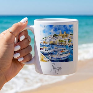 Personlig Ibiza-mugg, anpassad spansk kustkaffekopp, Medelhavspresent, souvenir från Balearerna, semesterminne, present till par