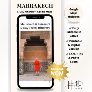Puede incluir: Un itinerario de viaje digital para Marrakech y Essaouira, mostrado en la pantalla de un teléfono inteligente. La imagen incluye el texto "Marrakech" y "5-Day Itinerary + Google Maps". El texto adicional incluye "Totalmente editable en Canva".