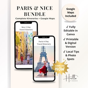 Puede incluir: Un paquete de viaje digital para París y Niza, con itinerarios completos y Google Maps. La imagen muestra dos teléfonos inteligentes que muestran itinerarios de viaje. El texto incluye "Paris & Nice Bundle" y "Descargar ahora".
