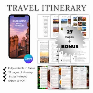 4-tägiger Reiseplan für Barcelona + Bonus-Tagesausflug | Spanien Reiseplaner | Bearbeitbare Canva-Vorlage | Sofortdownload | PDF-Reiseroute