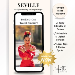 Itinerario imprimible de 3 días por Sevilla: guía de viaje de España con Google Maps, lugares de interés, consejos locales, flamenco, restaurantes y joyas ocultas.