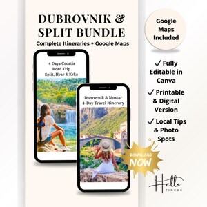 Op de afbeelding: Een digitale reisbundel getiteld "Dubrovnik & Split Bundle" met complete routes en Google Maps. De afbeelding toont twee smartphones met reisfoto's en tekst. Bevat "4 Days Croatia Road Trip" en "Dubrovnik & Mostar 4-Day Travel Itinerary".
