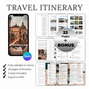 Itinerario de viaje de 4 días por Copenhague + excursión de un día | Planificador de viajes a Dinamarca | Guía de viaje editable | Descarga instantánea de PDF