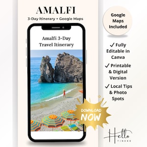 Itinerario imprimible de 3 días por la Costa Amalfitana: Planificador de viajes a Italia con Google Maps, atracciones de Positano, Capri y Sorrento, y consejos locales.