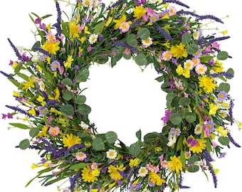 Artificial Spring Wreath Summer Wreaths for Front Door Floral Wreath with Daisy and Lavender for Indoor Outdoor Easter , Personalized touch