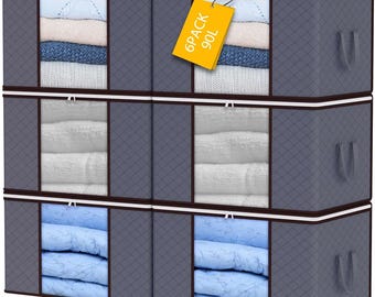 90L Storage Bags, 6Pack Large Capacity Clothes Storage Boxes with Lid and Zips, Foldable Clothes Packing Boxes with Rein, Personalized touch