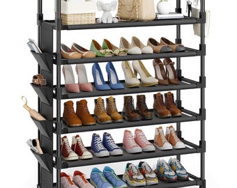 6 Tier Shoe Rack, Sturdy Metal Shoe Rack, Fit 24-30 Pairs Shoe and Boot, Shoe Rack with Hooks and Hanging Bags, Long Sh, Personalized touch