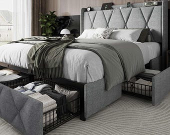 Upholstered Bed Frame with 4 Storage Drawers and Charging Station, Wood Slats Support, No Box Spring Needed, Personalized touch