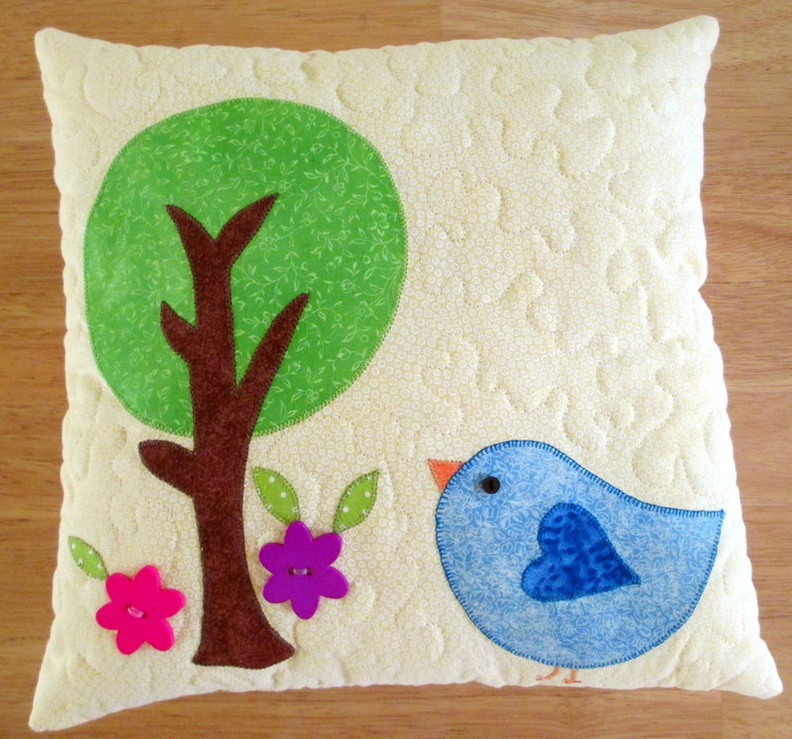 Applique Pillow Spring Home Decor Quilted Bird Pillow Etsy