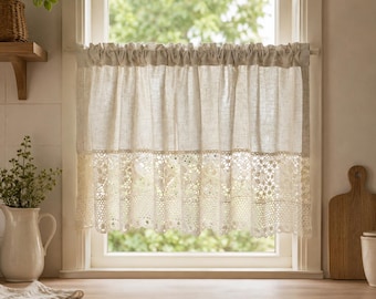 Cotton Linen Cafe Curtain, Crochet Lace Short Curtain, Small Window Curtain, Cabinet Curtain, Rustic Farmhouse Kitchen Curtain, Custom Size