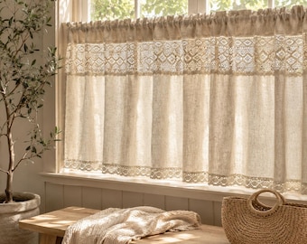 Rustic Linen Cafe Curtains with Crochet Lace | Short Window & Cabinet Curtains | Farmhouse, Cottage, Natural Cotton-Linen Blend