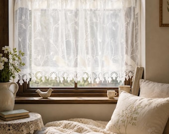 Zarter, transparenter Café-Vorhang mit gestickter Vogelspitze – individuell anpassbarer kurzer Fenster- und Schrankvorhang aus transparentem Voile
