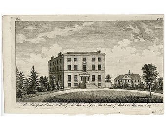 以下が含まれることがあります： 「The Prospect House at Woodford Row in Essex, the Seat of Robert Moxam Esq.」と題された、白黒のアンティーク版画。大きな家と木々、小さな建物が描かれており、草の生い茂る丘の上に位置しています。