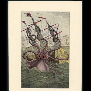 c. 1900 THE KRAKEN print • original antique print • mythical sea monster • giant squid • from old Scandinavian folklore • German edition