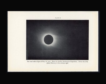 c. 1934 TOTAL SOLAR ECLIPSE lithograph - original vintage print •  double sided astronomy print - solar corona print - sun print