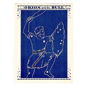 c. 1935 CONSTELACIÓN DE ORIÓN litografía • El cazador • impresión vintage original • impresión astronómica • impresión celestial azul • Orión y el toro