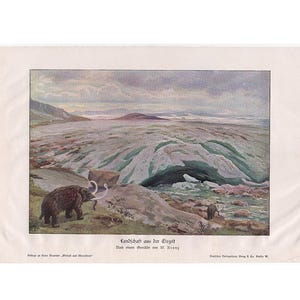 EISZEITLICHE LANDSCHAFT mit Mammutabdruck c. 1900 • original, antique Druck • Urzeit • Gletscherzeit Pleistozän Druck