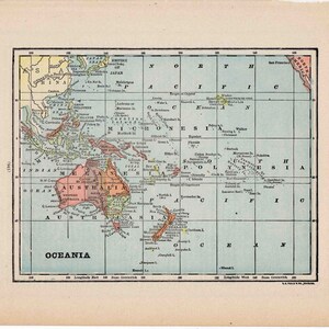1910 年頃のオセアニア地図 - オリジナルのアンティーク プリント - 世界の地図 - 国際地図 - オーストラリア太平洋