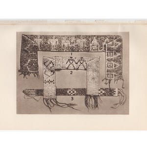 May include: A black and white illustration of three rectangular woven belts or bands labeled 1, 2, and 3. Each band features distinct geometric and human-like patterns created with beads or woven threads, with frayed fringe ends hanging from the bottom.