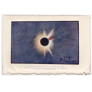 ECLIPSE DE SOLAIRE gravure ancienne v. 1909 - lithographie ancienne originale - astronomie céleste - éclipse totale de soleil d'août 1905 - la couronne