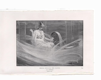 FRIGGA SPINNING CLOUDS lithograph c. 1925 • original vintage print • Norse Goddess print • Frigg print • Norse mythology • Frigg