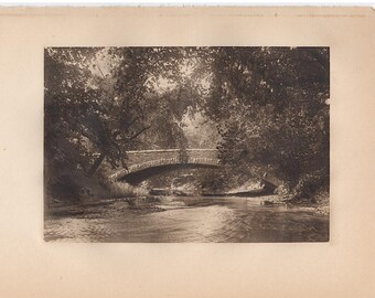 ROCK CREEK BRIDGE lithograph c. 1934- vintage Smithsonian Museum print - Bridge over Rock Creek in the National Zoological Park