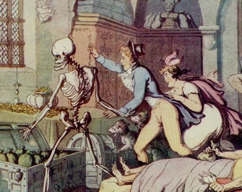 c. 1903 GRIM REAPER lithograph • original antique print - morbid print • personification of death • dance of death scene