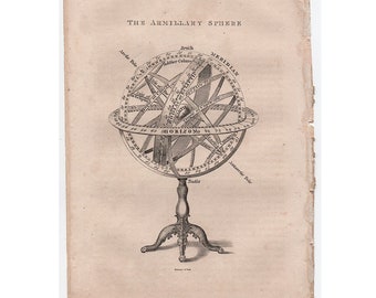 ESFERA ARMILARE grabado c. 1825 • grabado antiguo original • grabado de astronomía - aparato astronómico • globo celeste • esfera celeste
