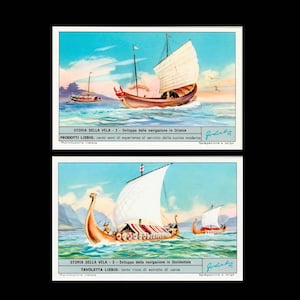 winzig! c. 1960er HISTORISCHE SEGELBOOTE Lithographie • 2 Werbekarten • Geschichte des Segelsports • Entwicklung der Schiffahrt in Ost & West