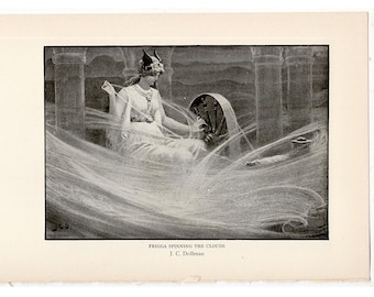 c. 1925  FRIGGA SPINNING CLOUDS lithograph • original vintage print • Norse Goddess print • Frigg print • Norse mythology • Frigg