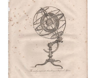 ESFERA ARMILARE grabado c. 1809 • grabado antiguo original • grabado de astronomía - aparato astronómico • globo celeste • esfera celeste
