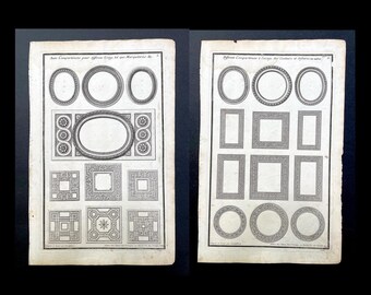 c. 1757 ARCHITECTUURDETAILS gravures • originele antieke prent • bouwplan Franse architectuur • inlegwerk en inlegwerk • set van twee