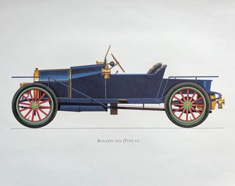 BUGATTI 1910 - classic car print - original vintage lithograph printed in the 1960’s - collectable automobile - antique restored autos