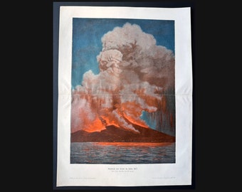 c. 1900 MT. VESUVIUS VOLCANO erupting lithograph •  original antique print • Mount Vesuvius in Naples Italy • Pompeii • molten lava print •