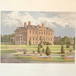 H. 1880 ENGLISH MANOR Druck • antiker Druck • Architektur • Landhaus in Norfolk • Melton Constable Druck •
