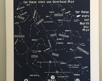 STAR MAP lithograph c. 1972 - original vintage print - celestial print • astronomy print - constellation map • star chart - night sky - #91