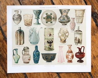 c. 1894 ART GLASS print - original antique print • glass industry - glass vases and plates - decorative glassware • glassware art