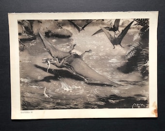 c. 1940 PREHISTORIC SCENE lithograph - original vintage print - extinct animals - dinosaur scene - Jurassic era - Pterodactyl