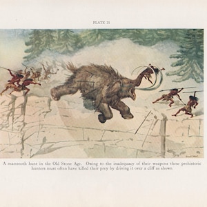 c. 1934 MAMMOTH HUNT print original vintage prehistoric culture lithograph - stone age hunting scene