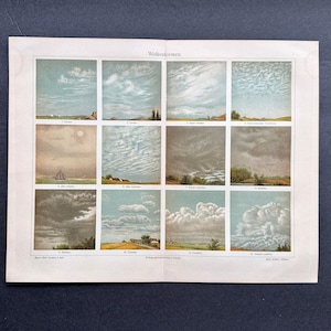 c. 1894 BLUE CLOUDS-lithografie - originele antieke afdruk - weer - klimaat, wolken in de lucht - wolkenformatie - meteorologische afdruk