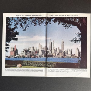C. Litografía de la CIUDAD DE NUEVA YORK de los años 50 • impresión original de época • impresión de vista de Manhattan • edificio Empire State • Vista del East River de Nueva York